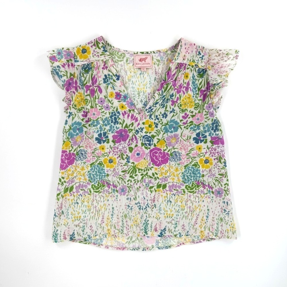 Banjanan Floral Cotton Top Flutter Sleeve V Neck Blouse Botanical Size M Medium